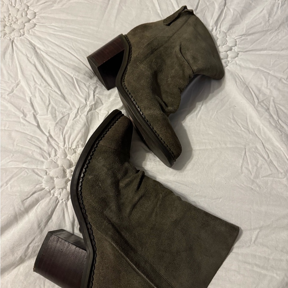 Army green suede booties.